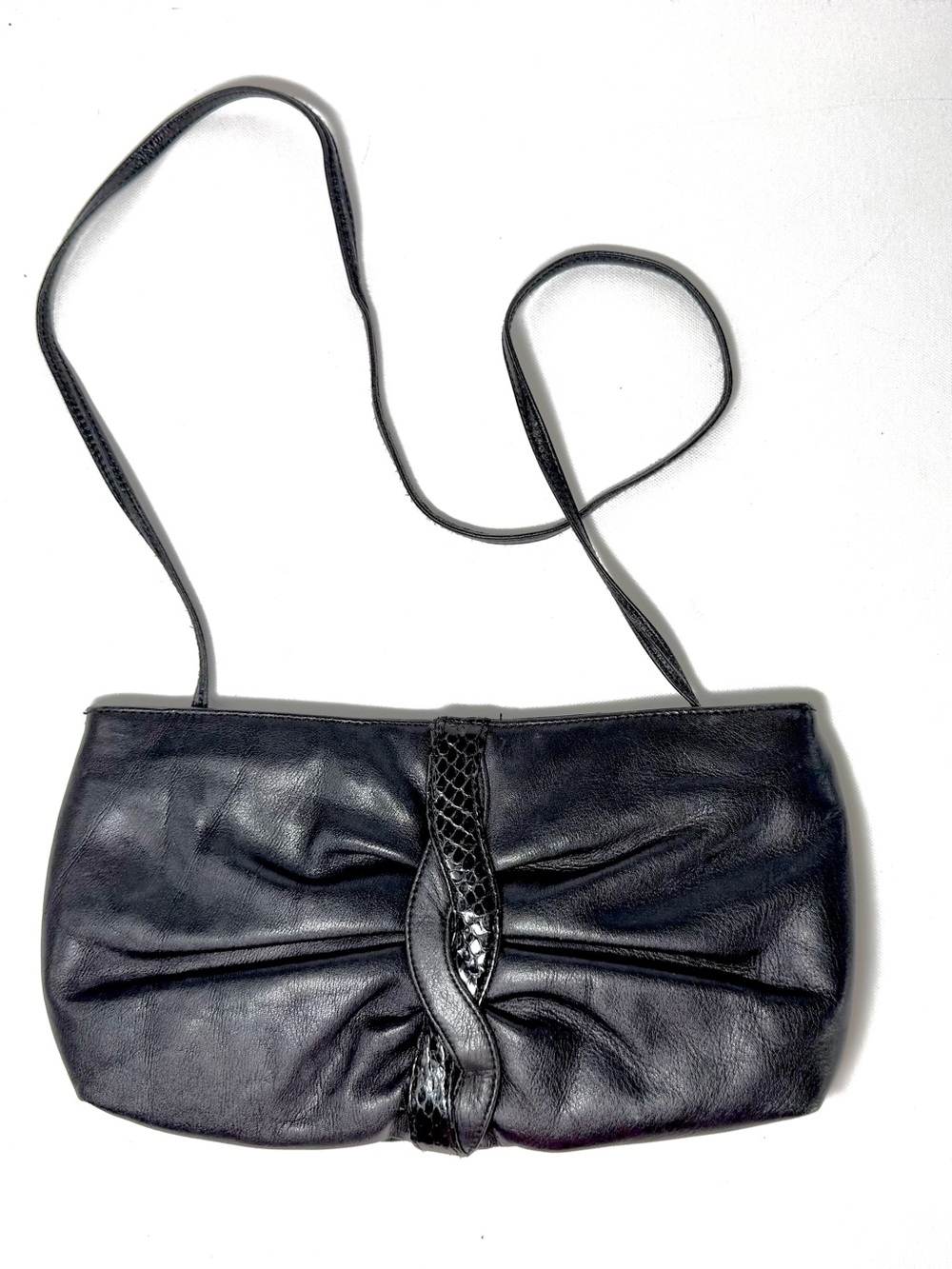 Vintage 1980s Bag Sylvia Black Pleated Leather Genuine Snakeskin Evening Bag